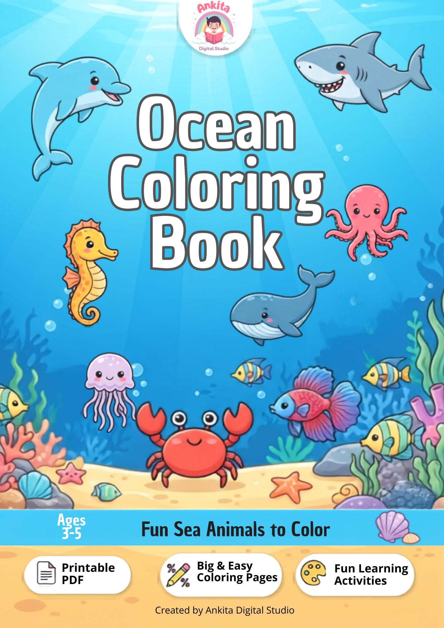 Ocean Coloring Book for Kids Ages 3–5 | Printable PDF Activity Book | Sea Animal Coloring Page